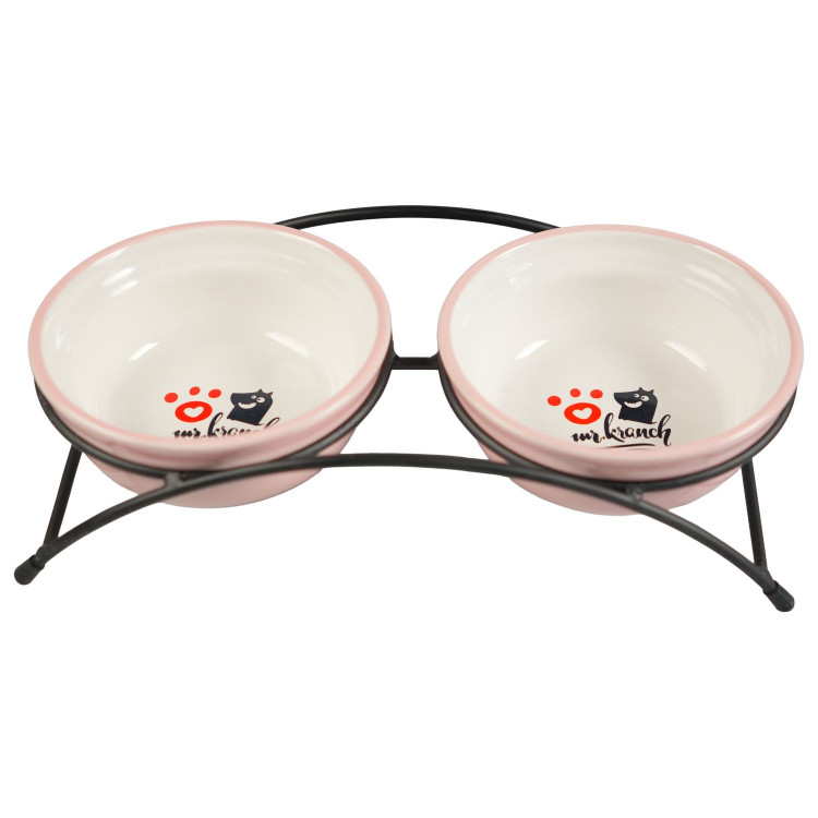 Миски Mr.Kranch на подставке для собак и кошек двойные 2x290 мл с лапкой розовые