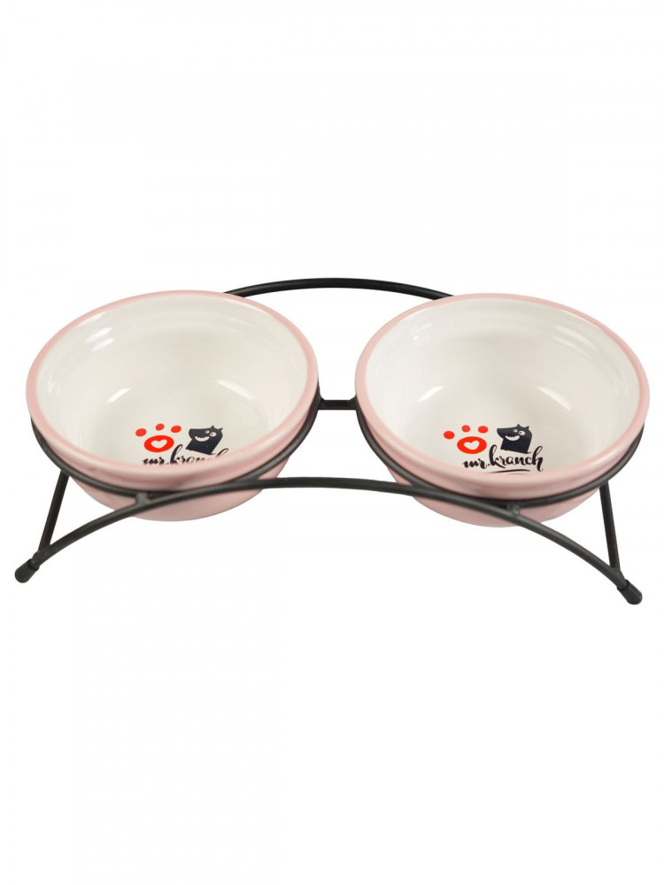 Миски Mr.Kranch на подставке для собак и кошек двойные 2x290 мл с лапкой розовые