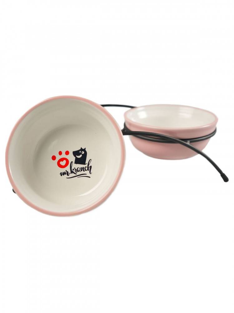 Миски Mr.Kranch на подставке для собак и кошек двойные 2x290 мл с лапкой розовые