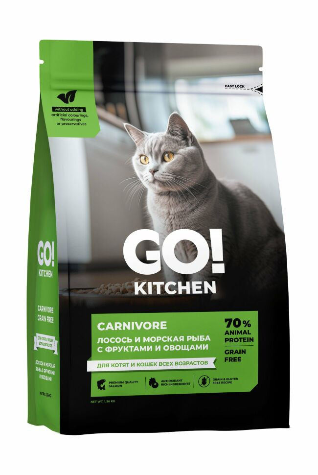Сухой корм GO'KITCHEN, беззерновой, для котят и кошек, лосось и морская рыба с фруктами и овощами