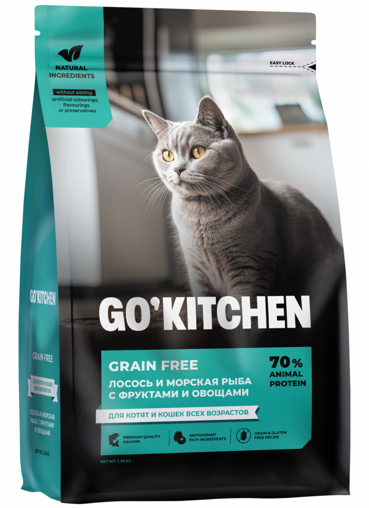 Сухой корм GO'KITCHEN, беззерновой, для котят и кошек, лосось и морская рыба с фруктами и овощами