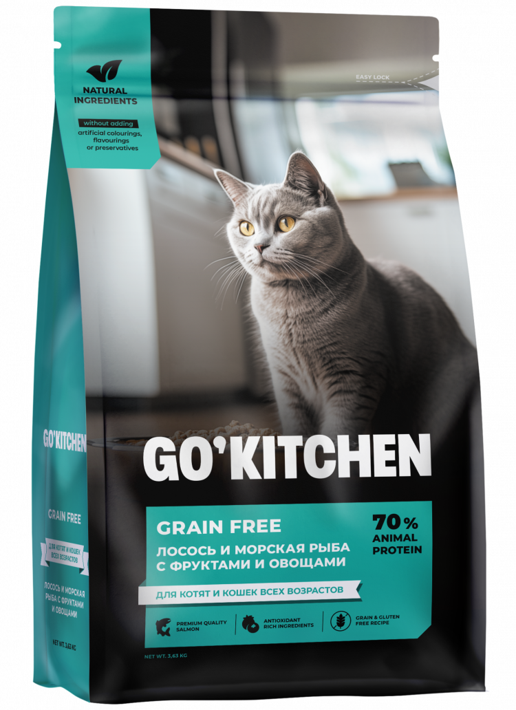 Сухой корм GO'KITCHEN, беззерновой, для котят и кошек, лосось и морская рыба с фруктами и овощами