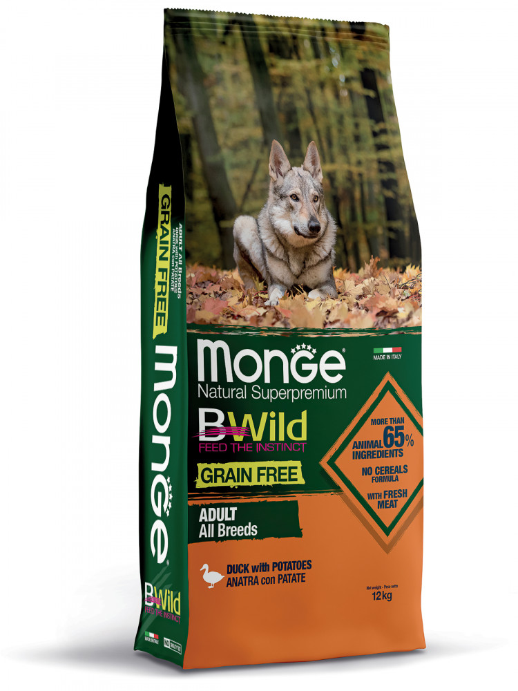 Сухой корм Monge Dog BWild GRAIN FREE, для взрослых собак, беззерновой, утка с картофелем
