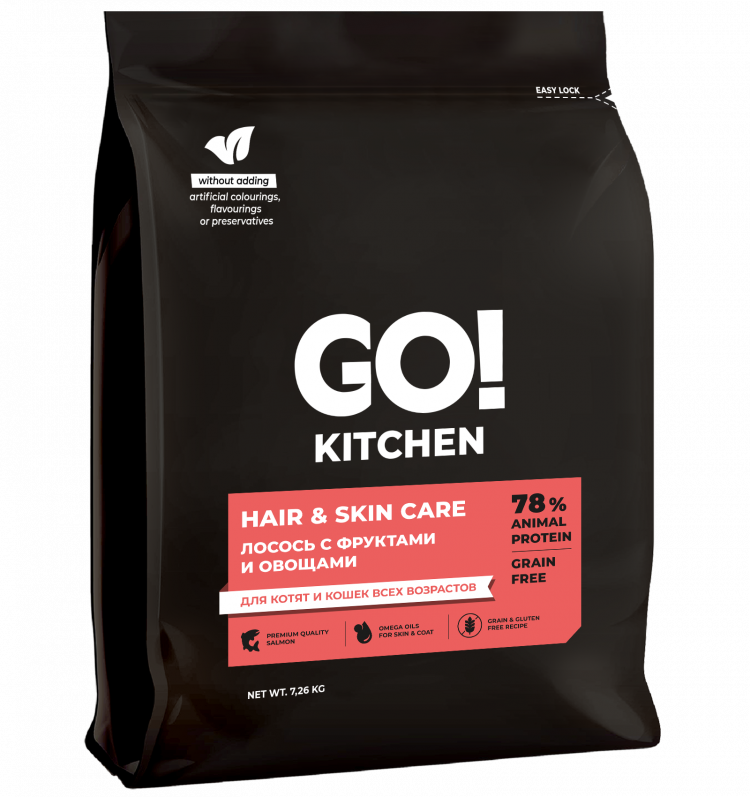 Сухой корм GO'KITCHEN для котят и кошек всех возрастов, лосось с фруктами и овощами