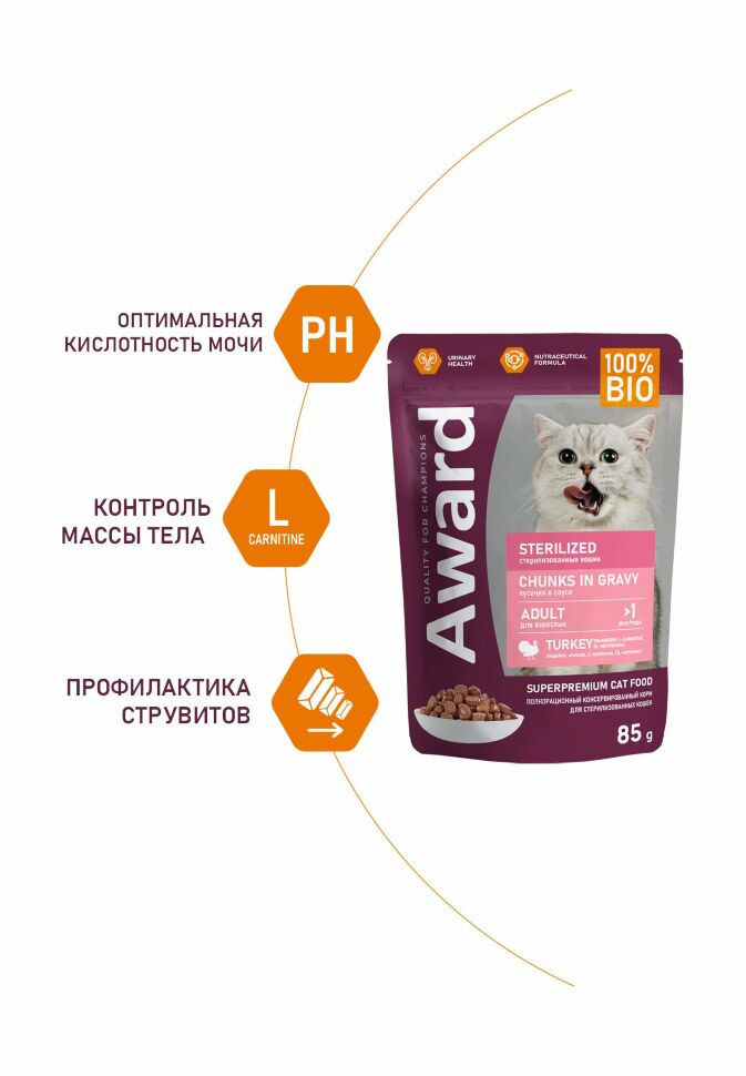  Влажный корм Award Sterilized для взрослых стерилизованных кошек кусочки в соусе с индейкой 85г (упаковка 24шт)