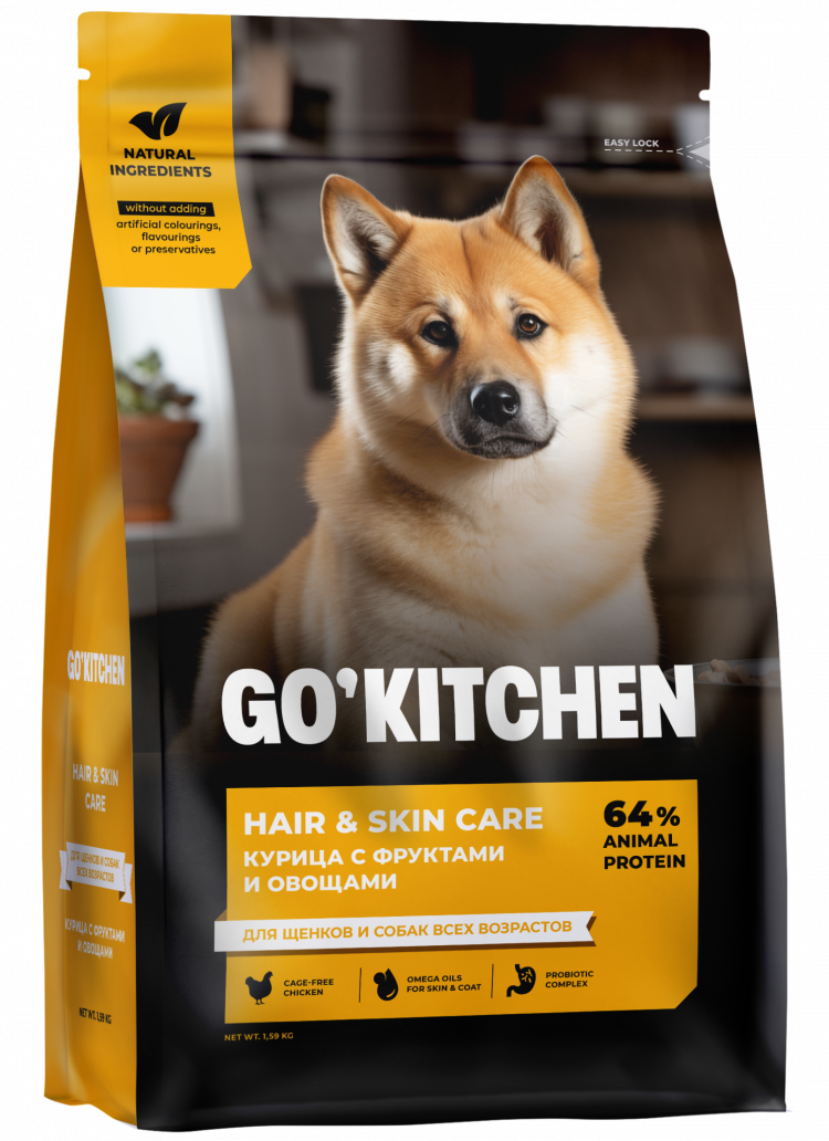 GO'KITCHEN Hair & Skin Care - Сухой корм для щенков и собак, со свежей курицей, фруктами и овощами