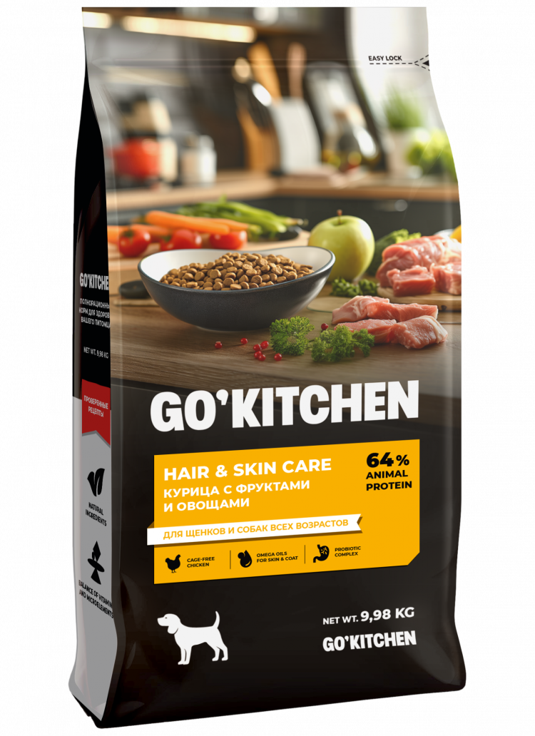 GO'KITCHEN Hair & Skin Care - Сухой корм для щенков и собак, со свежей курицей, фруктами и овощами