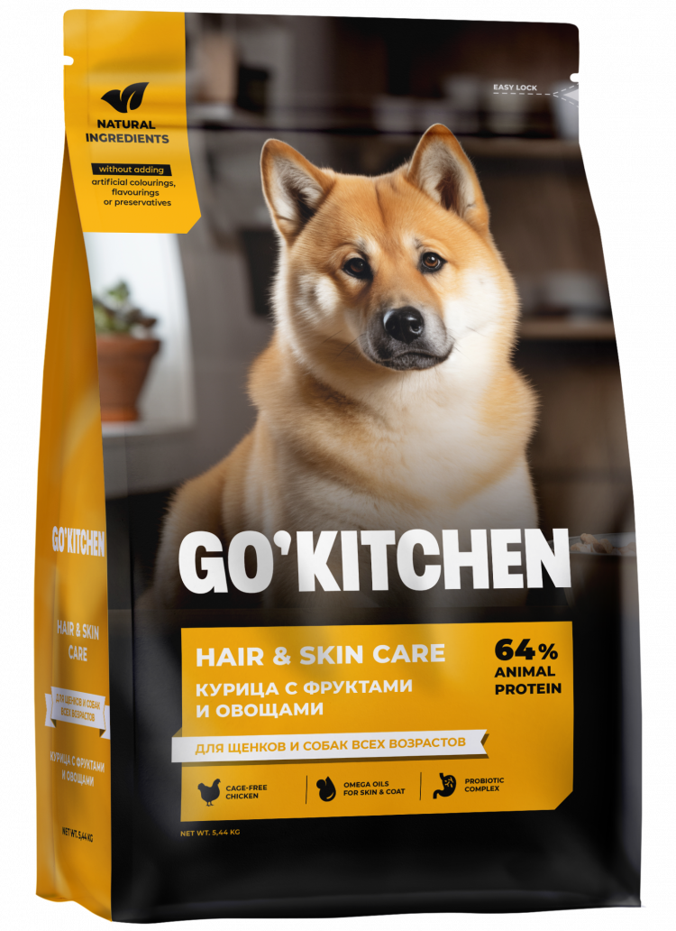 GO'KITCHEN Hair & Skin Care - Сухой корм для щенков и собак, со свежей курицей, фруктами и овощами