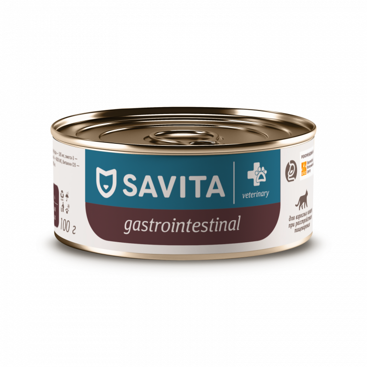 Влажный корм SAVITA Gastrointestinal для взрослых кошек, ветеринарный диетический при расстройствах пищеварения (12 шт по 100 г)