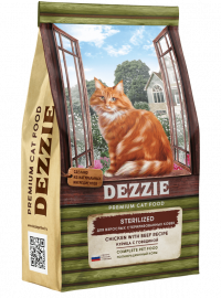 Сухой корм Dezzie для взрослых стерилизованных кошек с курицей и говядиной