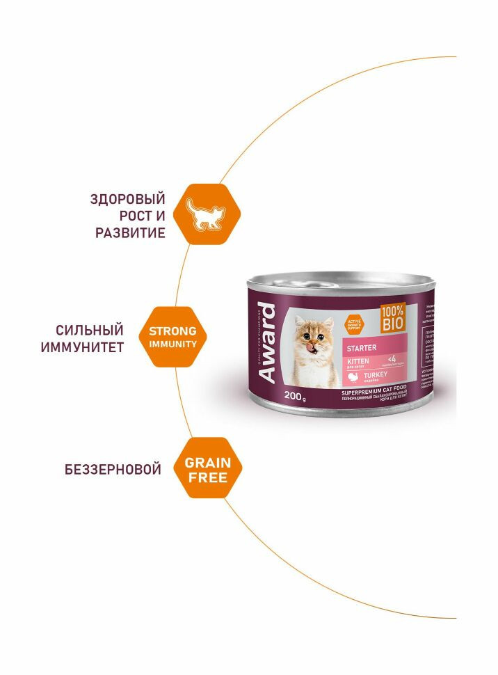 Влажный корм Award для котят с начала прикорма до 4 месяцев, беременных и кормящих кошек паштет из индейки 200г