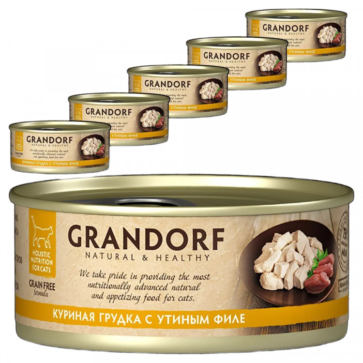 Grandorf консервы для кошек куриная грудка с утиным филе в собственном соку (упаковка 6 шт. по 70 гр)