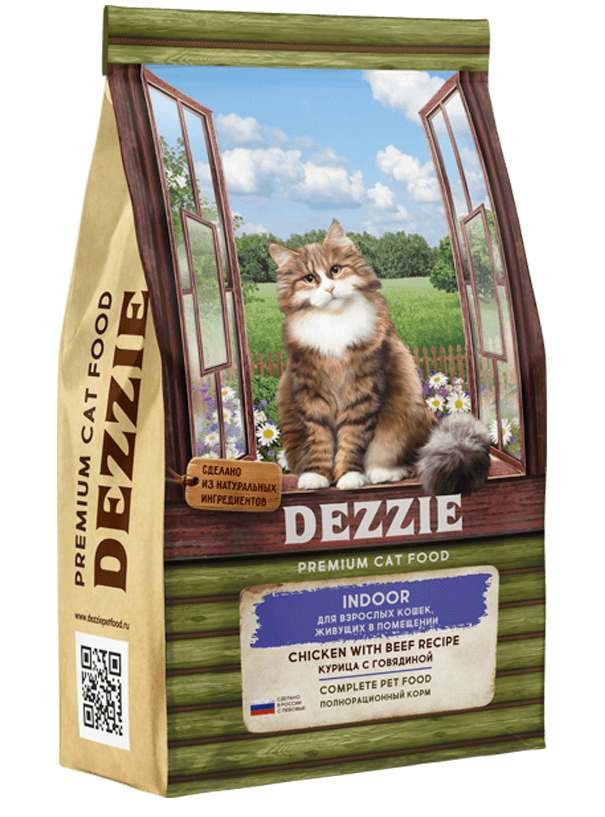 Сухой корм Dezzie для взрослых кошек, живущих в помещении с курицей и говядиной