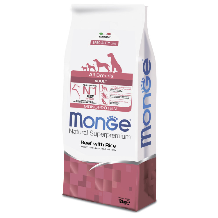 Сухой корм Monge Dog Speciality Line Monoprotein All Breeds Beef and Rice для взрослых собак всех пород, из говядины с рисом