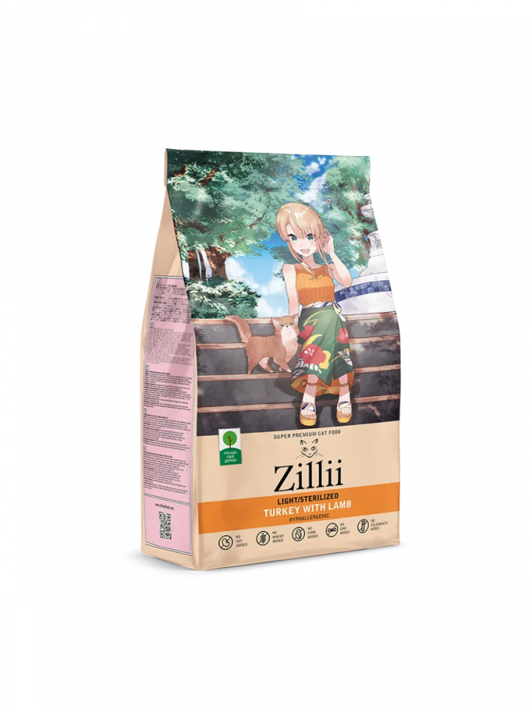 Сухой корм ZILLII Light/Sterilized Cat для взрослых кошек с избыточным весом и стерилизованных, индейка с игнёнком