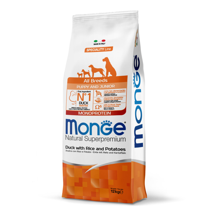 Сухой корм Monge Dog Speciality Line Monoprotein для щенков всех пород, из утки с рисом и картофелем