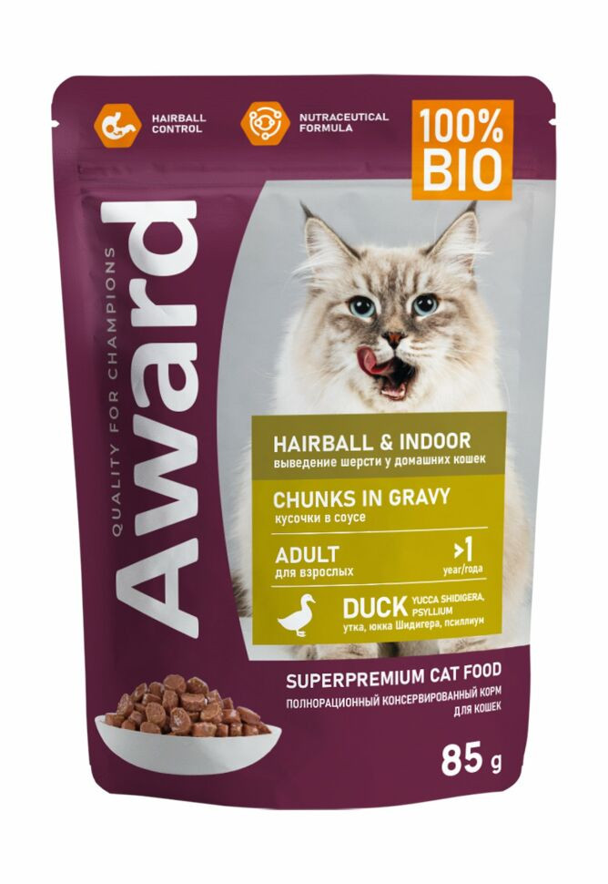 Влажный корм Award Hairball & Indoor для выведения шерсти у взрослых домашних кошек, кусочки в соусе с уткой 85г