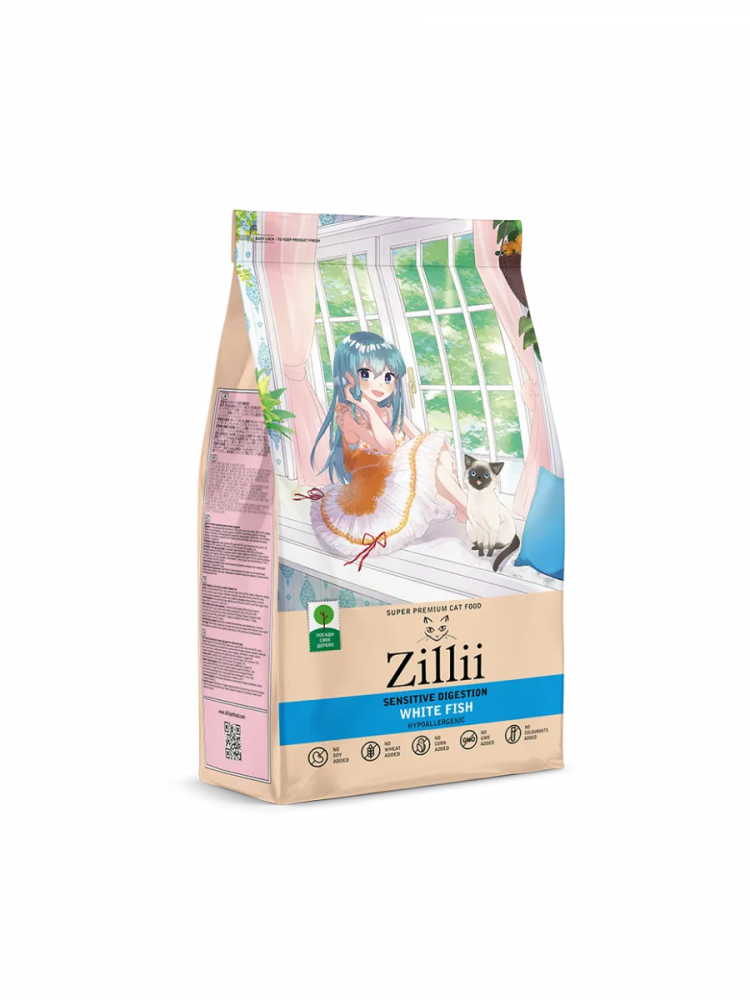 Сухой корм ZILLII Sensitive Digestion Cat для взрослых кошек с чувствительным пищеварением, белая рыба