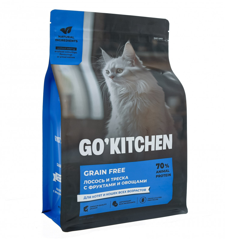 Сухой корм для кошек GO'KITCHEN беззерновой холистик с лососем и треской 7.26 кг и кошачья мята, набор 2 в 1