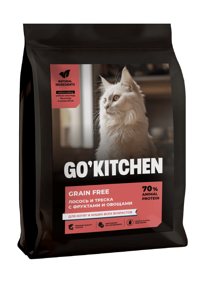 Сухой корм для кошек GO'KITCHEN беззерновой холистик с лососем и треской 7.26 кг и кошачья мята, набор 2 в 1