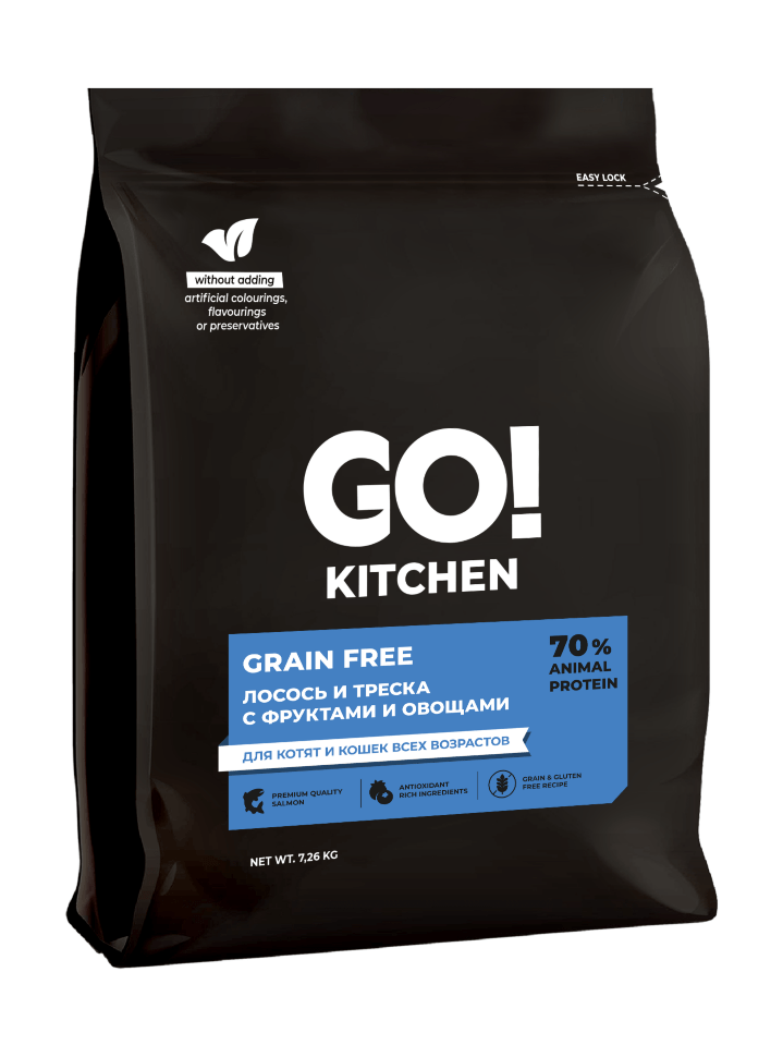 Сухой корм для кошек GO'KITCHEN беззерновой холистик с лососем и треской 7.26 кг и кошачья мята, набор 2 в 1