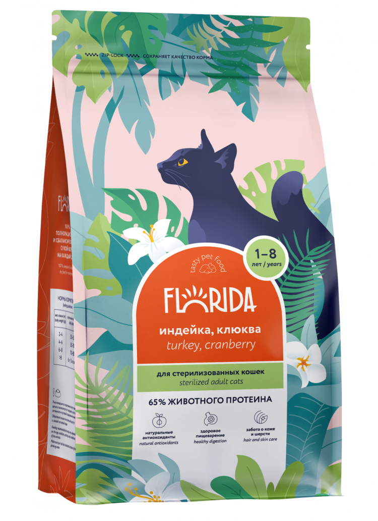 FLORIDA Сухой корм для взрослых стерилизованных кошек с индейкой и клюквой