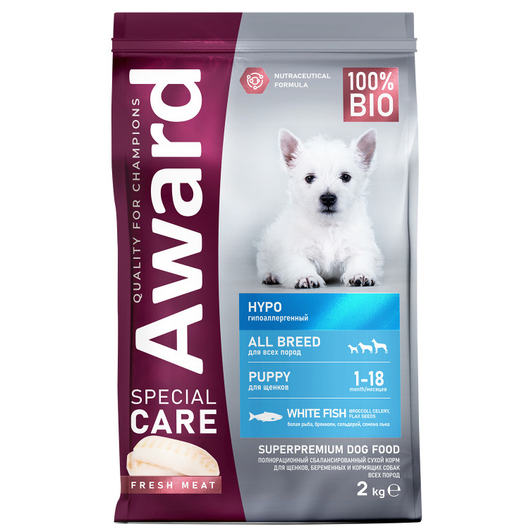 Сухой корм AWARD SPECIAL CARE HYPO PUPPY со свежей белой рыбой для щенков от 1 месяца, беременных и кормящих собак всех пород, склонных к аллергии