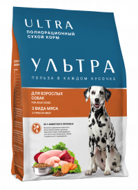 Ultra - сухой корм для взрослых собак, 3 вида мяса: курица, говядина, индейка