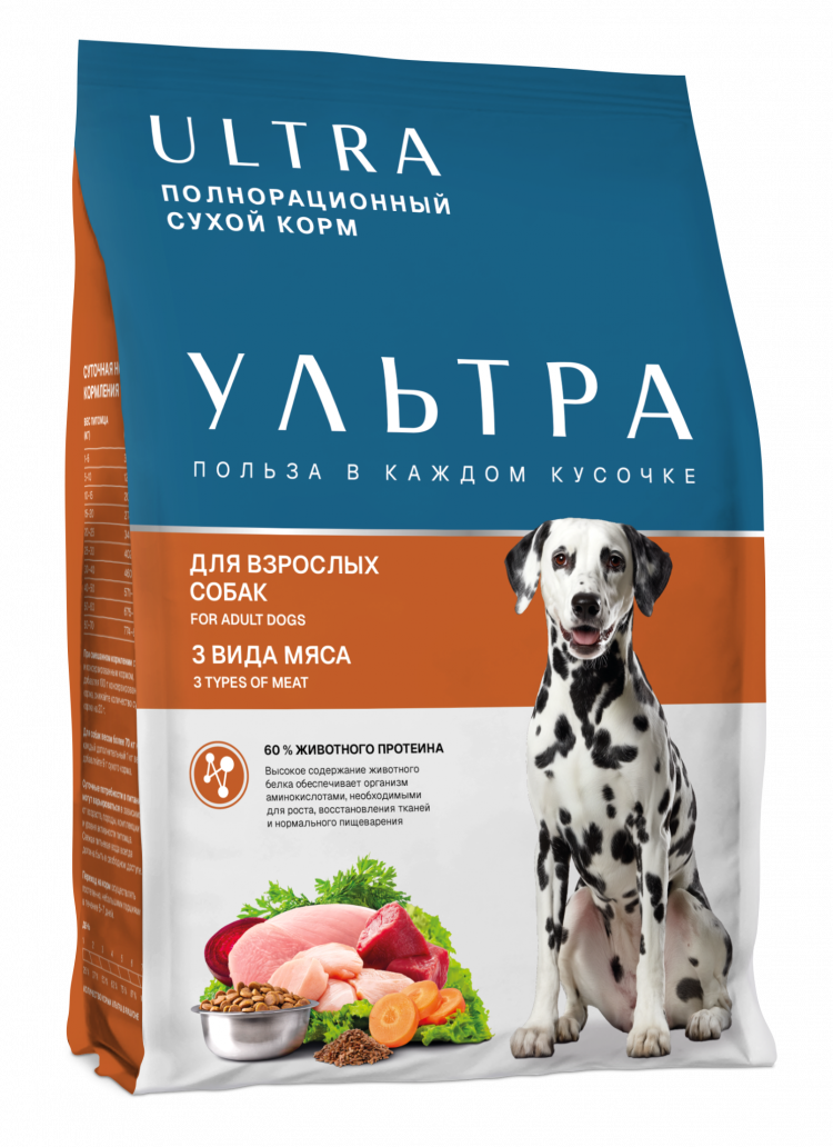 Ultra - сухой корм для взрослых собак, 3 вида мяса: курица, говядина, индейка