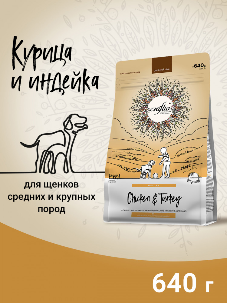 Сухой корм CRAFTIA NATURA для щенков средних и крупных пород из курицы и индейки