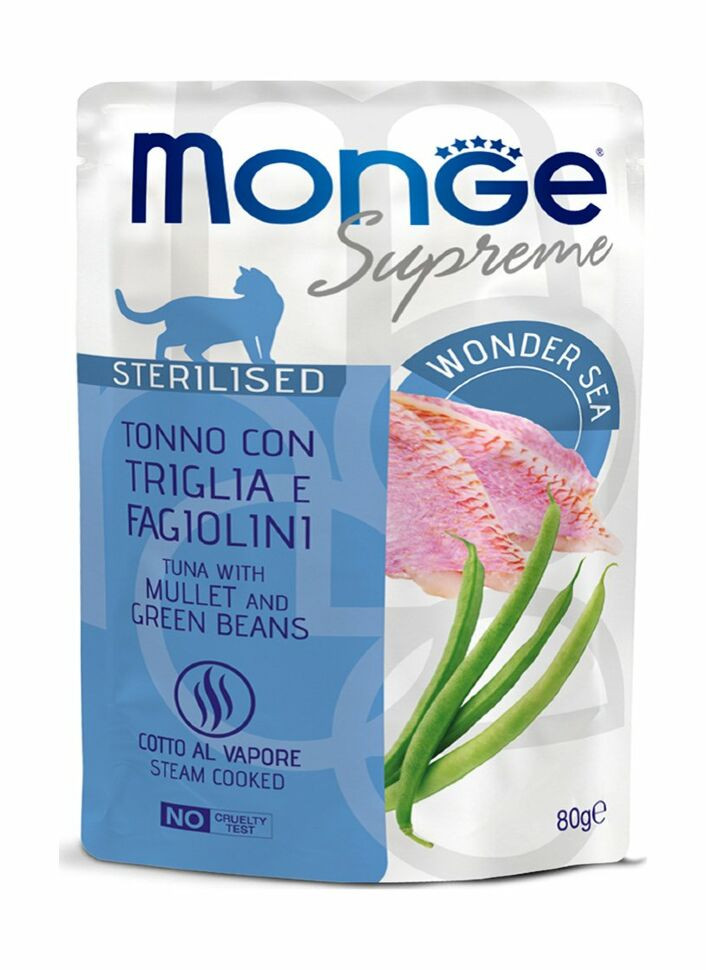 Monge Supreme Sterilized Cat - Консервы для стерилизованных кошек с кефалью и зелёной фасолью, паучи