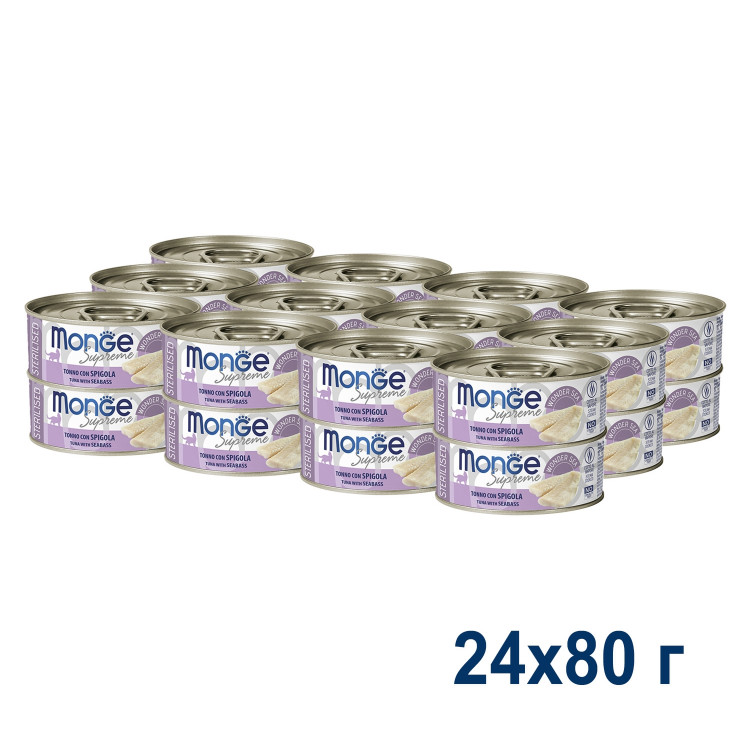 Влажный корм Monge Supreme sterilized для стерилизованных кошек из тунца с морским окунем, консервы, 80 г x 24 шт
