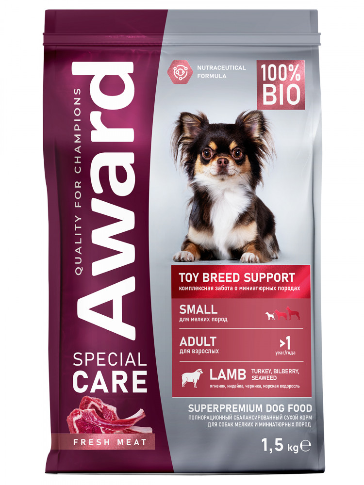 Сухой корм AWARD SPECIAL CARE Toy Breed Support для взрослых собак мелких и миниатюрных пород со свежим мясом ягненка
