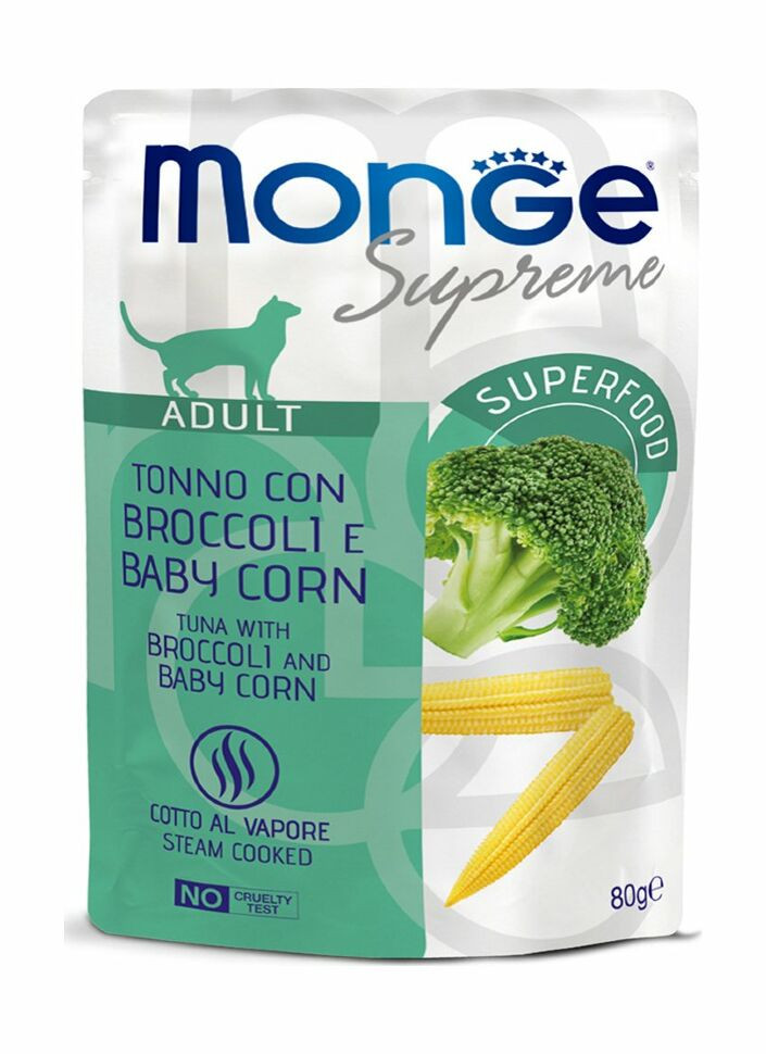 Monge Supreme Adult Cat - Консервы для взрослых кошек с брокколи и мини-кукурузой, паучи