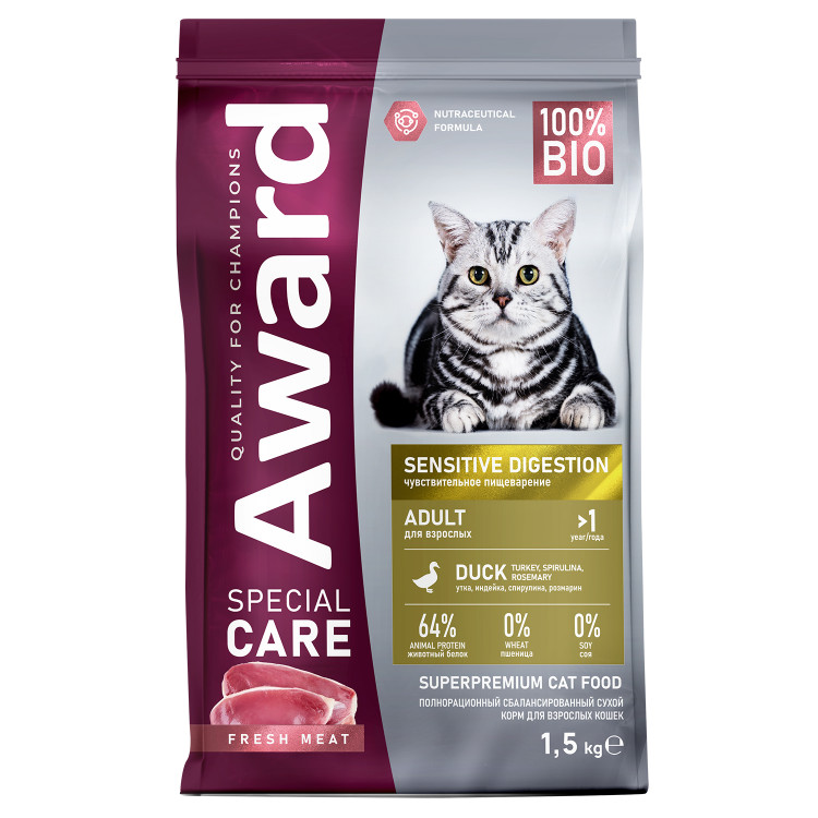 Сухой корм AWARD SPECIAL CARE Sensitive Digestion для взрослых кошек с чувствительным пищеварением со свежим мясом утки