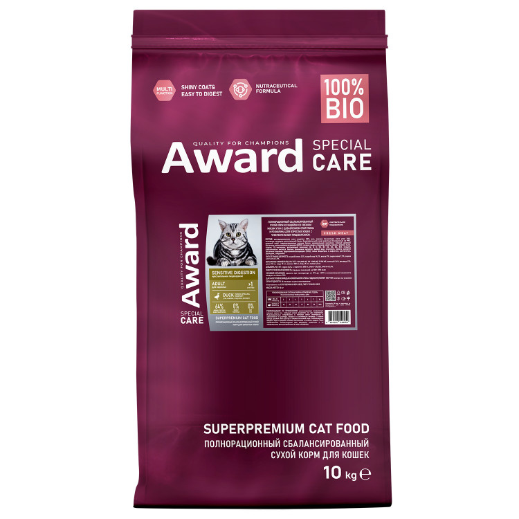 Сухой корм AWARD SPECIAL CARE Sensitive Digestion для взрослых кошек с чувствительным пищеварением со свежим мясом утки