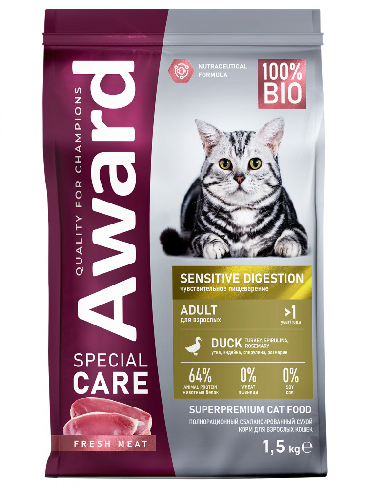 Сухой корм AWARD SPECIAL CARE Sensitive Digestion для взрослых кошек с чувствительным пищеварением со свежим мясом утки