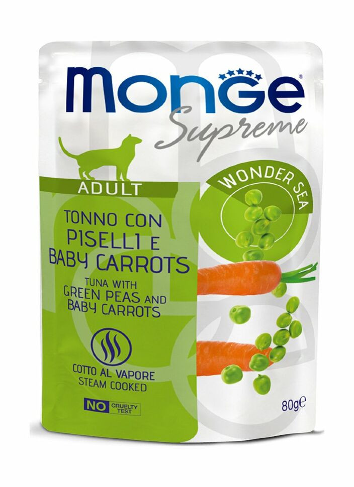 Monge Supreme Adult Cat - Консервы для взрослых кошек с зелёным горошком и мини-морковью, паучи