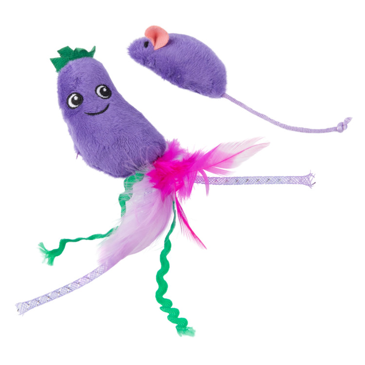  Игрушка Mr.Kranch для кошек Баклажанчик и Мышка плюшевая с кошачьей мятой и перышками 19 см фиолетовая
