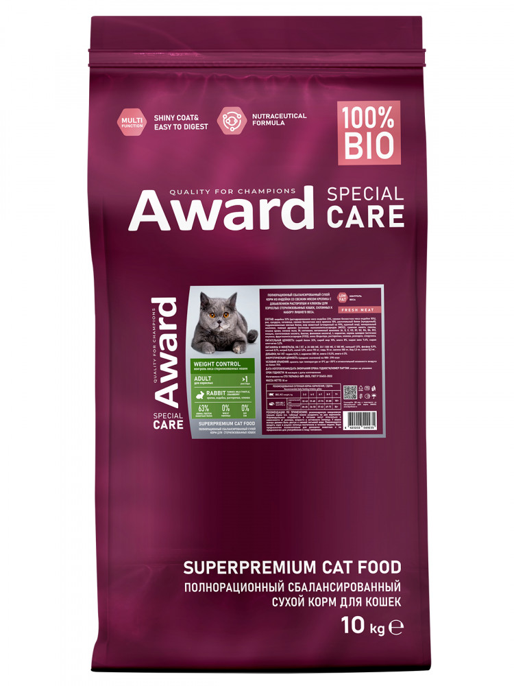 Сухой корм AWARD SPECIAL CARE Weight Control для взрослых стерилизованных кошек для контроля веса со свежим мясом кролика