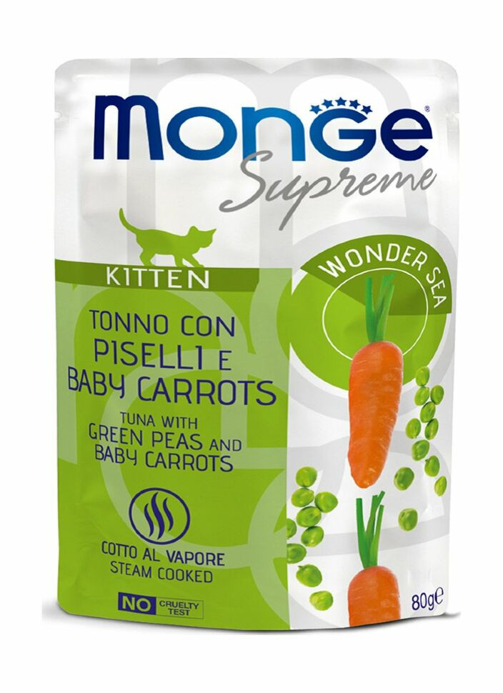 Monge Supreme Kitten - Консервы для котят из тунца с зелёным горошком и мини-морковью, паучи