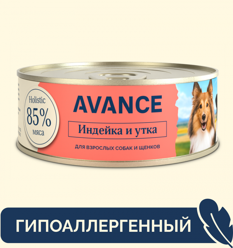AVANCE holistic консервы Для собак и щенков с индейкой и уткой, Natural&Healthy Turkey&Duck 12 шт по 100 г