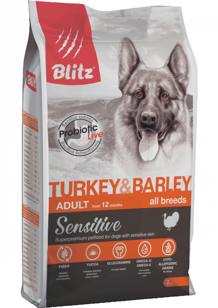 Blitz Sensitive Сухой корм для взрослых собак всех пород с индейкой и ячменем Turkey & Barley Adult Dog All Breeds