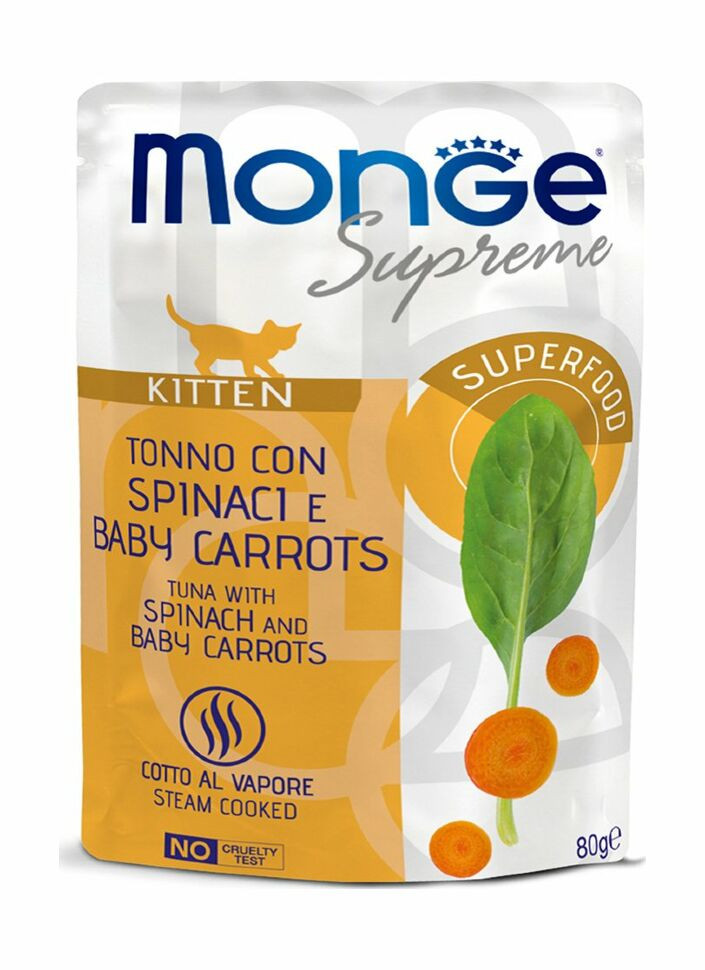 Monge Supreme Kitten - Консервы для котят из тунца со шпинатом и мини-морковью, паучи