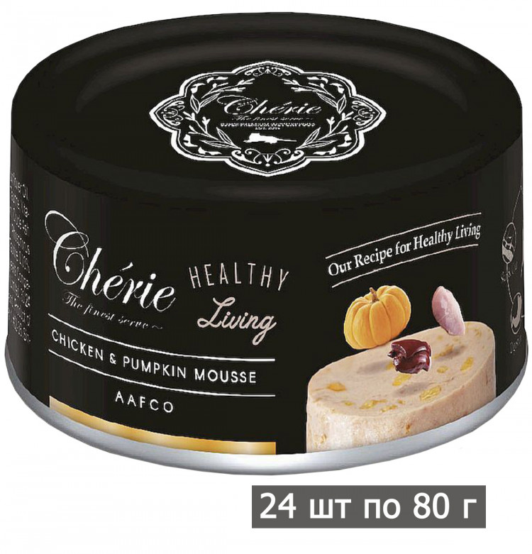 Влажный корм для кошек Петтрик, Pettric Cherie - Healthy Living Chicken & Pumpkin mousse, мусс из курицы с тыквой (упаковка 24 шт по 80 г)