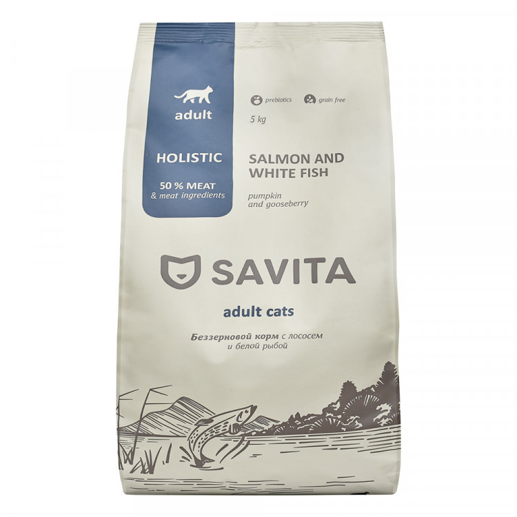 Корм SAVITA беззерновой корм для взрослых кошек с лососем и белой рыбой