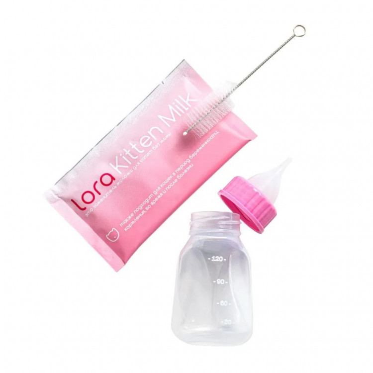 Заменитель молока для котят Lora Kitten Milk, сухая смесь, набор паучей, бутылочка + щетка в подарок - 30 г х 10 шт