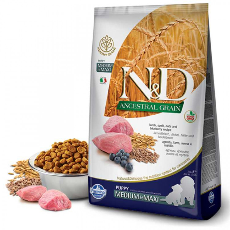 Farmina N&D ANCESTRAL GRAIN MEDIUM/MAXI для щенков средних и крупных пород, ягненок с черникой