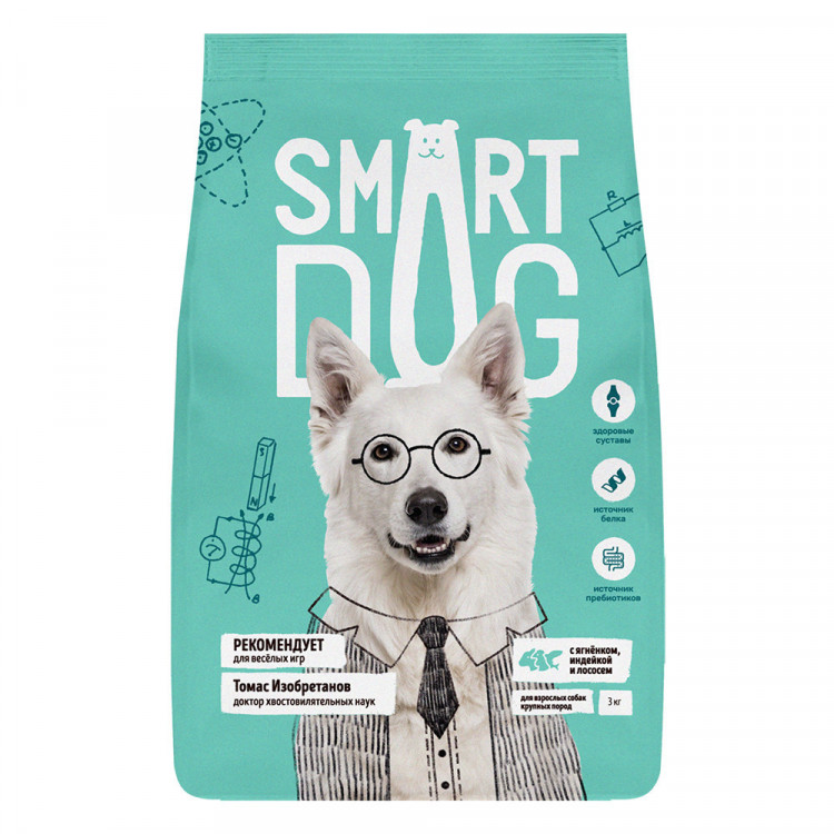 Smart Dog Корм для взрослых собак крупных пород, три вида мяса с ягнёнком, лососем, индейкой