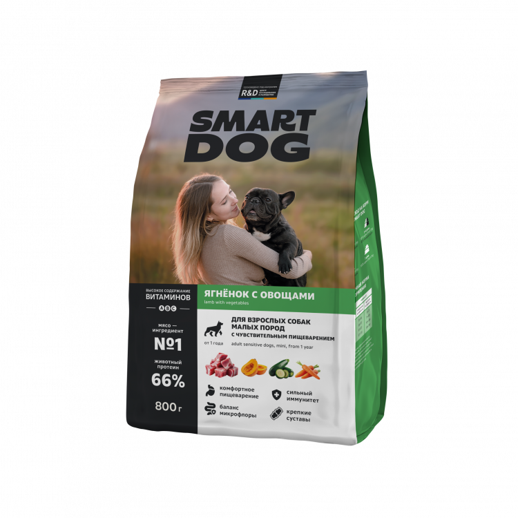 Сухой корм Smart Dog для взрослых собак мелких пород с чувствительным пищеварением с ягненком и овощами